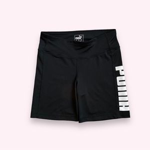 Puma Women's black bike shorts with white Puma logo, Sz S.